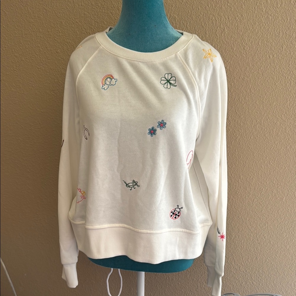 Jane and Delancey Red and White Crew Neck Sweater with Embroidered Details